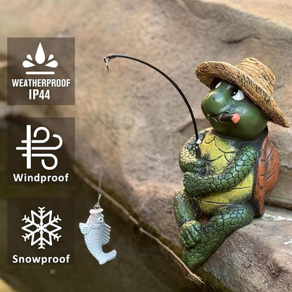 Garden Tortoise Pond Statue Decoration, Fishing Turtle Outdoor Statues for Koi Pond or Waterfall Decor, 9.5" Figurine Poolside Statue, Outdoor Decor, Gifts for Mom