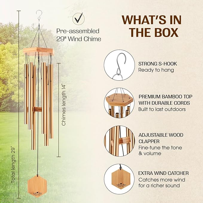 UpBlend Deep Tone Wind Chime – Outdoor Sympathy & Memorial Gift for The Loss of a Loved One, Memorial Wind Chimes, Thoughtful Sympathy Gift for Bereavement and Remembrance. 29" Bronze