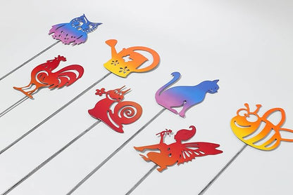 7PCS Metal Small Animal Decoration Stakes with Owl, Cat, Bee, Rooster, Snail, Fairy, and Flower Pot Designs - Hollow Out Silhouette Yard Art for Outdoor Patio Lawn Garden Decor