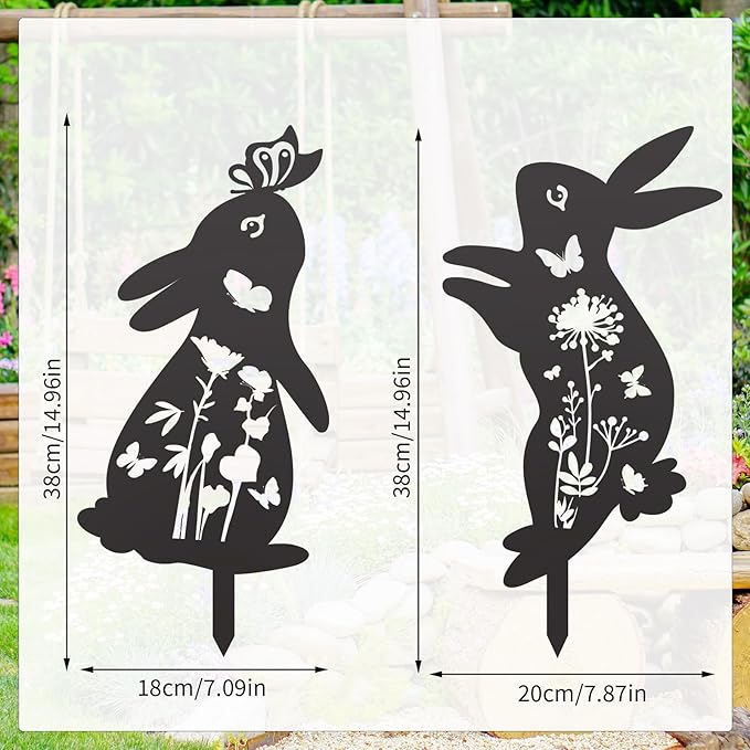 2pcs Easter Bunny Garden Stakes, Metal Rabbit Garden Decor Bunny Statue for Yard Animal Sculpture Decor Welcome Sign for Indoor Outdoor Patio Lawn