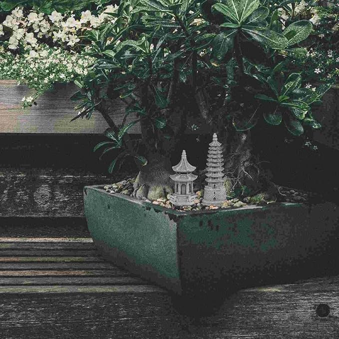 Set of 2 Pagoda Garden Miniature Sculptures - Zen Tower Decor Statues for Indoor and Outdoor Fairy Gardens - Asian Figurines for Chinese Outdoor Pagoda Decor for Home and Garden Enthusiasts
