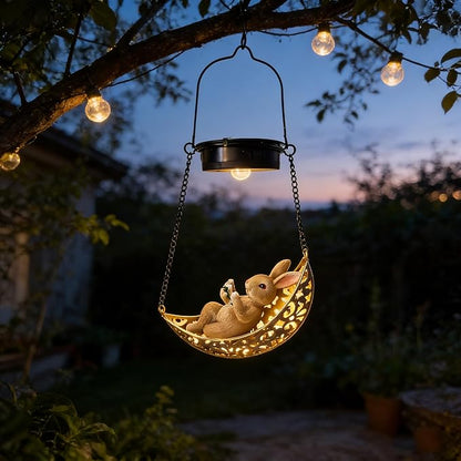 Solar Hanging Garden Lantern with Bunny Decoration,Solar Hanging Statue Light,Outdoor Hanging Decorations for Garden, Fence, Porch, Patio, Yard Decor