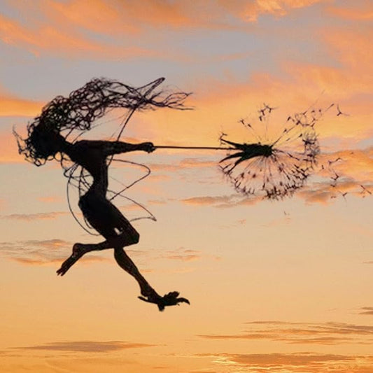 Fairies Wire Dandelion Stainless Garden Art Sculpture Steel Statue, Dancing Fairy Dandelion Garden Ornaments Art Decorations for Outdoor Yard Lawn Patio（D