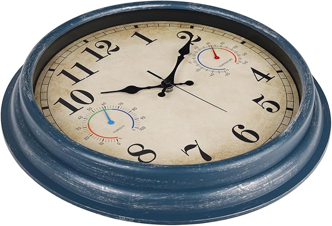 Large Outdoor Clock with Thermometer & Hygrometer Combo, 16 Inch Vintage Blue Coastal Decor Waterproof Indoor Outdoor Wall Clocks for Patio, Pool, Garden, Backyard