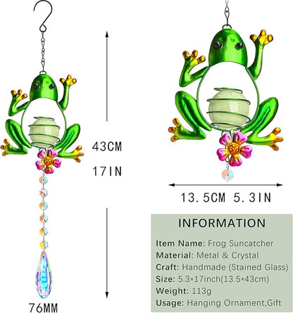 Stained Glass Metal Frog Suncatcher Crystals for Window Ornament - 17" Outdoor Fence Wall Art Decor, Rainbow Maker Hanging for Garden Yard Living Room Bedroom Patio Balcony