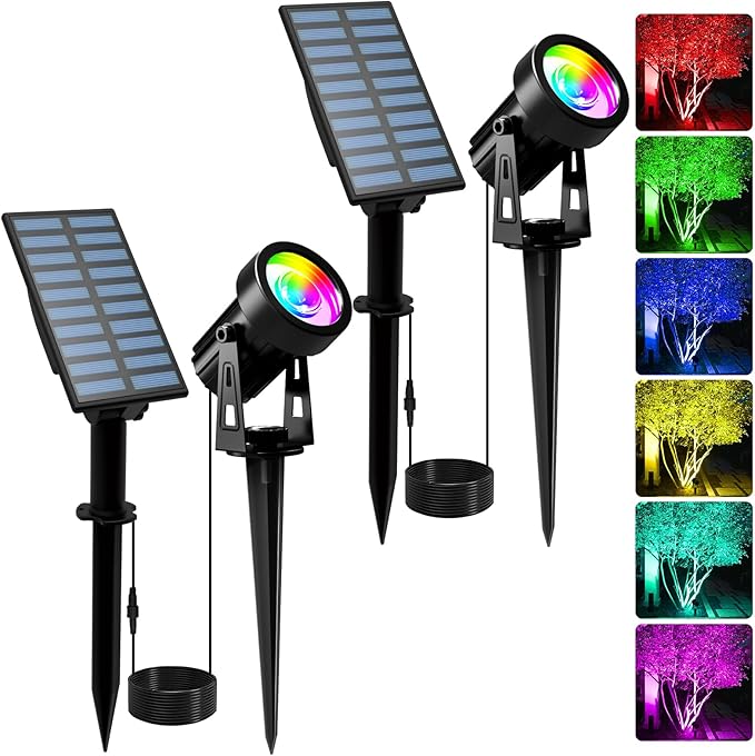 T-SUNUS Solar Spotlights Outdoor RGB, Color Changing Landscape Lights with 9.8ft Cable, IP65 Waterproof, Adjustable Solar Panel & Light, Auto On/Off for Yard Tree Pathway Driveway Christmas (2 Pack)