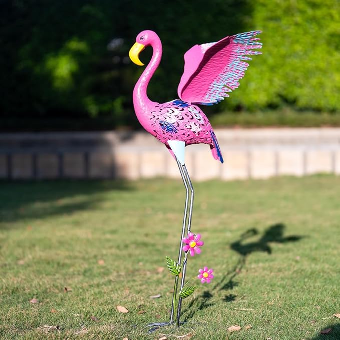 42" Metal Flamingo Outdoor Statues,Garden Sculptures with Solar Light, Pink Flamingo Lawn Ornaments & Outdoor Decor for Patio, Backyard, Garden