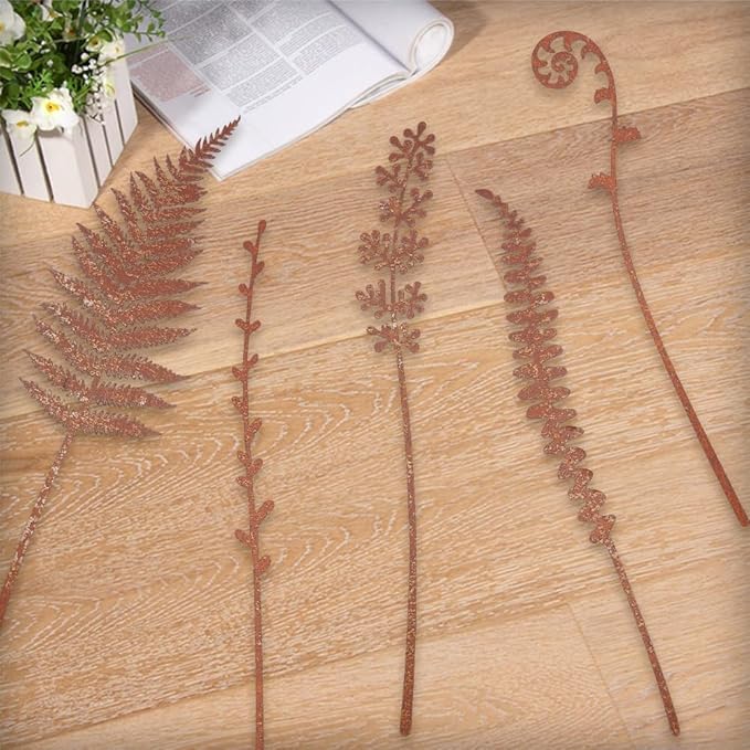 GORGECRAFT 5Pcs 5 Styles Metal Decorative Garden Stakes Rusty Iron Rustic Plants Fern Leaves Shaped Art Decor Signs Stake for Outside Lawn Yard Art Outdoor Walkway Potted Accessory