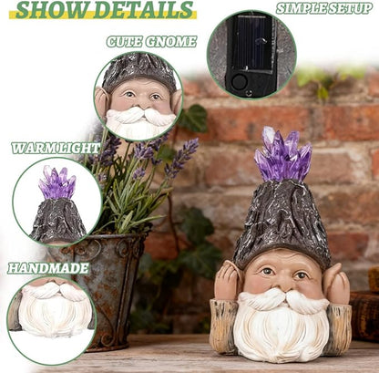 Solar Gnome Decoration with LED Solar Light, Handcrafted Resin Garden Gnome Lamp Amethyst Crystal Figurine for Yard Porch Home Decor, Perfect Present for Gardeners & Garden Aesthetic Lovers