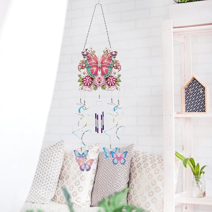 DIY Wind Chime Pendant Spring 3D Diamond Art Painting Hanging Ornament Double Sided Diamond Suncatchers for Window Home Backyard Garden Wall Door Decor-Butterfly02