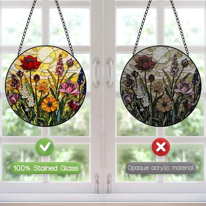 Wildflowers Suncatcher Stained Glass Window Hanging - 8 Inch Colorful Flower Sun Catchers Plant Suncatchers for Windows Hanging - Handmade Sun Catcher Glass Panel Decoration for Home Garden Sunroom