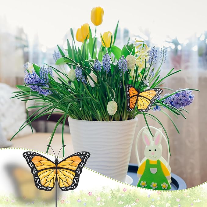 Geelin 1 Pc Stained Glass Flying Butterfly Suncatcher Flower Pot Decoration Metal Plant Pot Hangers Colorful Garden Yard Suncatcher Decor for Spring Home Indoor Outdoor Decor(Orange, Chic)