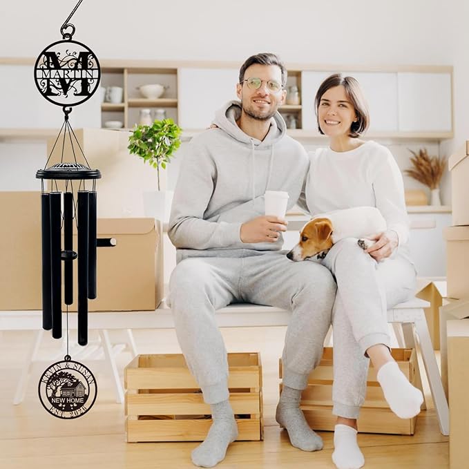 Personalized New Home Wind Chimes, 37" Large Deep Tone Wind Chime with Custom Name & Initial Metal Sign, Housewarming Gift for New Homeowners Couples, Established Date, Outdoor Garden Patio Decor
