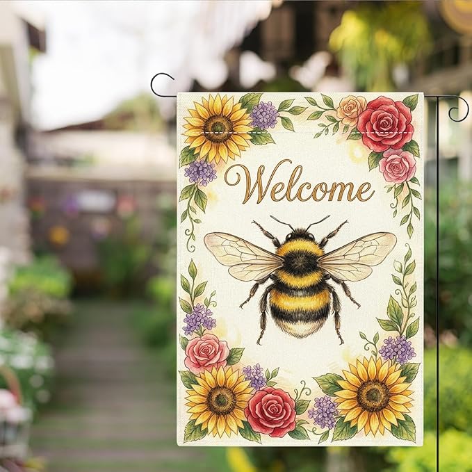 Welocome Spring Summer Bee Garden Flag Sun Flowers Floral Spring Garden Flag Decor Summer Double Sided House Flag for Outside Yard Decorations 12×18 Inch