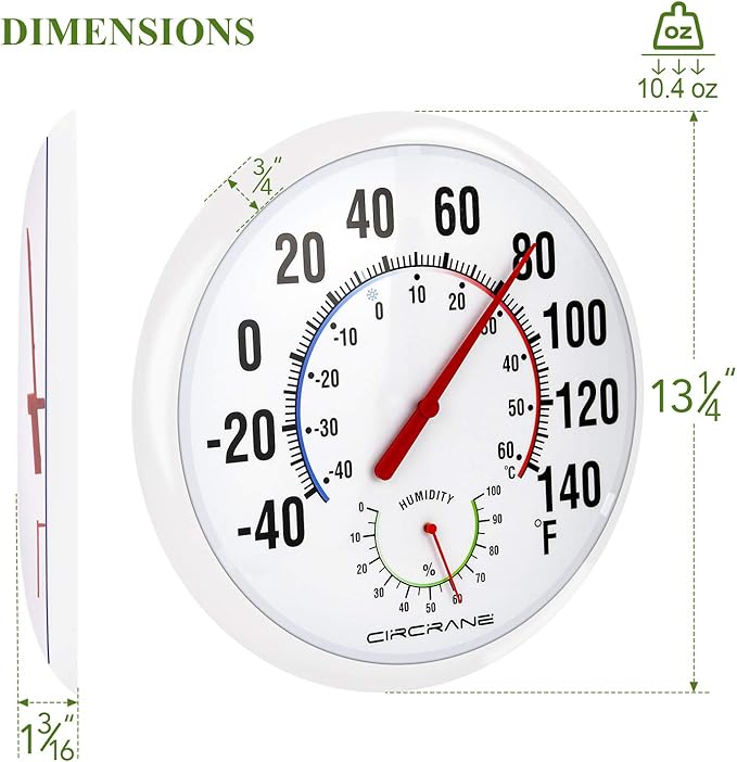 Circrane 13.25 Inch Round Thermometer with Hygrometer, Large Indoor Wall Patio Bimetal Weather Thermometer, No Battery Required, White