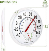 Circrane 13.25 Inch Round Thermometer with Hygrometer, Large Indoor Wall Patio Bimetal Weather Thermometer, No Battery Required, White