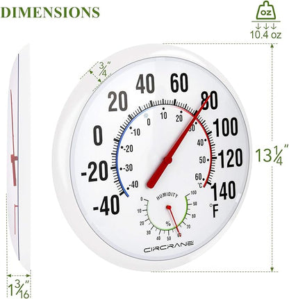 Circrane 13.25 Inch Round Thermometer with Hygrometer, Large Indoor Wall Patio Bimetal Weather Thermometer, No Battery Required, White