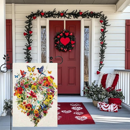 Spring Summer Birds Flowers Butterflies Garden Flag for Outside, Colorful Floral Love Hearts Outdoor Yard Flag 12x18 Inch Double Sided Burlap