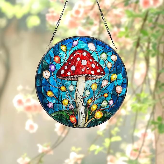 Stained Glass Window Hanging, Mushroom & Fairy Lights Sun Catchers Colorful Glass Panel Suncatcher Cottagecore Boho Home Decor for Birthday for Mother's Day Women, Men Gifts 7.8 in