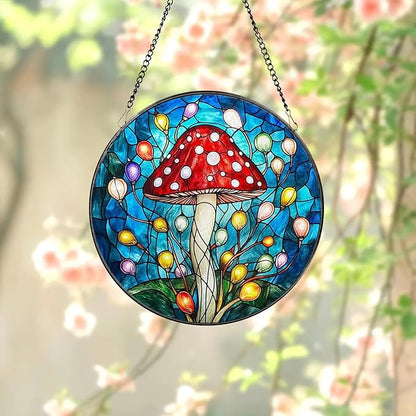 Stained Glass Window Hanging, Mushroom & Fairy Lights Sun Catchers Colorful Glass Panel Suncatcher Cottagecore Boho Home Decor for Birthday for Mother's Day Women, Men Gifts 7.8 in