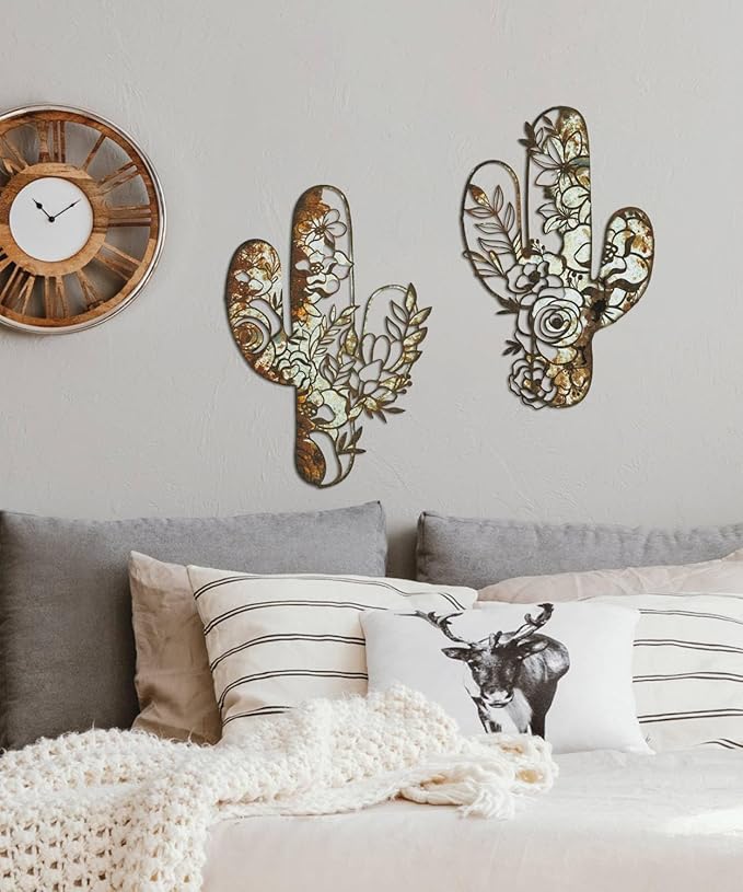 Putuo Decor Cactus Wall Art Set of 2, Rustic Flower Cactus Wall Decor, Floral Nature-Inspired Metal Wall Art for Living Room, Bedroom, Bathroom, Boho Style, 12.2 x 4.6 inches