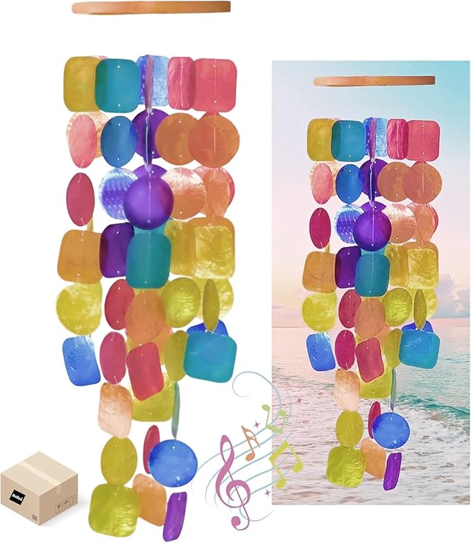 Bellaa Wind Chimes Outdoor, Garden Decorations, Musical, Indoor/Outside Windchimes, Beach, Ocean, Breeze, Gifts for Mom, Gift for All Occasions, Capiz Sea Glass Shells Wood Retro Rainbow