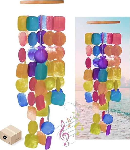 Bellaa Wind Chimes Outdoor, Garden Decorations, Musical, Indoor/Outside Windchimes, Beach, Ocean, Breeze, Gifts for Mom, Gift for All Occasions, Capiz Sea Glass Shells Wood Retro Rainbow