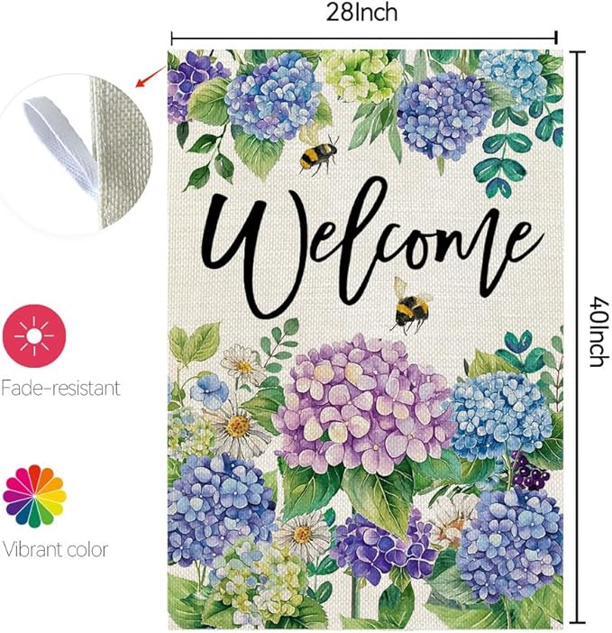 CROWNED BEAUTY Spring House Flag Floral Hydrangea Double Sided 28x40 Inches Large Burlap Welcome Holiday Seasonal Yard Decoration for Outside Porch CF1751-40