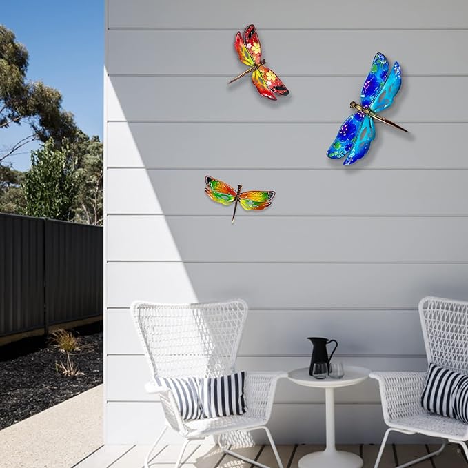 John's Studio Dragonfly Wall Decor Outdoor Metal Garden Hanging Art Glass Sculptures Home Insect Theme Decorations for Living Room, Bedroom Yard, Fence and Patio - 3 PCS