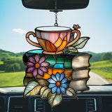 Floral Books and Tea Acrylic Suncatcher Stained Glass Effect Window Car Hanging Christmas Ornament Indoor Outdoor Decor Garden Sun Catcher Panel for Book Lover for Women Mom Grandma
