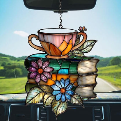 Floral Books and Tea Acrylic Suncatcher Stained Glass Effect Window Car Hanging Christmas Ornament Indoor Outdoor Decor Garden Sun Catcher Panel for Book Lover for Women Mom Grandma