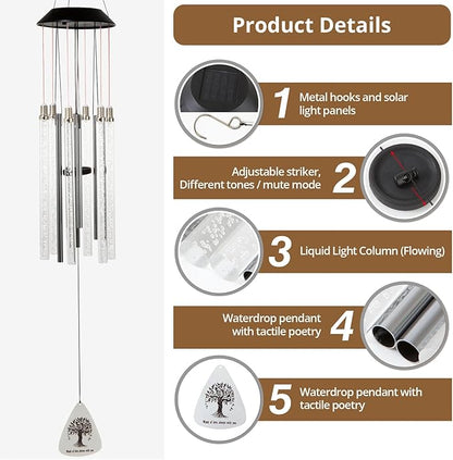 Solar Wind Chimes for Outside, 6 LED Tubes Auto-Color Changing, Birthday/Festival/White Elephant Gifts, 37” Outdoor Decor for Garden, Yard, Patio