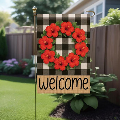 Buffalo Plaid Welcome Wreath Garden Flag Red Hibiscus Flower Red Floral Flag 12x18 Double Sided Tropical Floral Yard Decor for Spring Summer Outdoor Porch Patio Lawn Farmhouse
