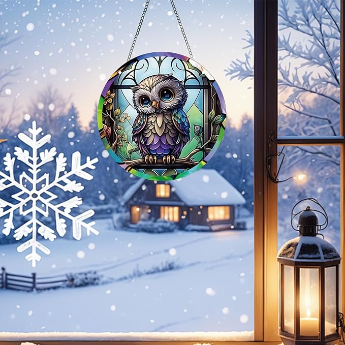 Owl Acrylic Window Hanging,Stained Window Hanging Decor Colorful Ornament,Stained Two-Sided Panel Hangings Decoration,Acrylic Suncatcher for Garden Kitchen Living Room