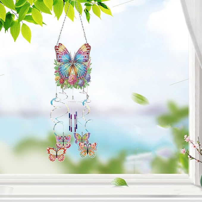 DIY Wind Chime Pendant Spring 3D Diamond Art Painting Hanging Ornament Double Sided Diamond Suncatchers for Window Home Backyard Garden Wall Door Decor-Butterfly01