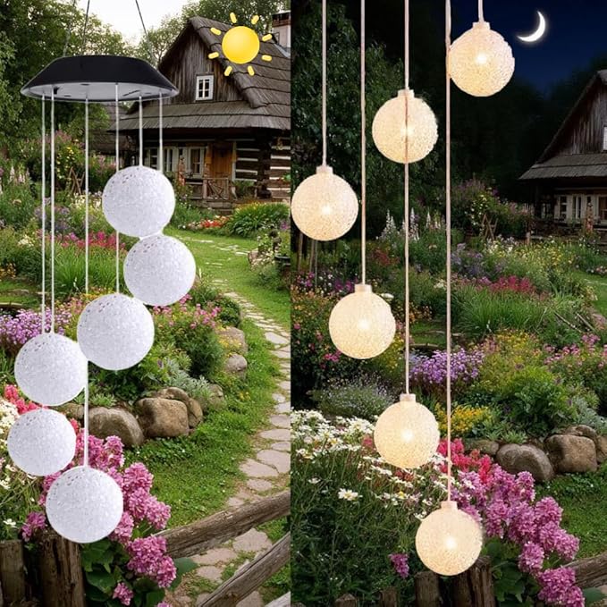 Warm White Crystal Ball LED Light Solar Wind Chime Lamp，Solar Lights Outdoor Waterproof for Balcony, Garden, Terrace and Courtyard Decoration. (Warm White)
