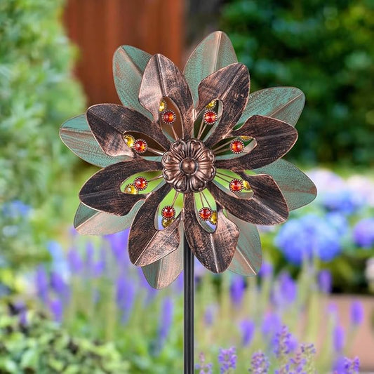 VEWOGARDEN Wind Spinners Outdoor with 2 Blades, Metal Kinetic Wind Spinner with Flower Design for Yard Garden Lawn Decorations