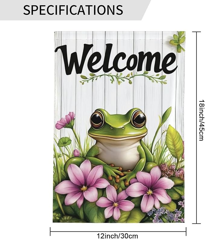 Welcome Frog Pink Flowers Garden Flags 12×18 Inch Double Sided Decorative Yard Banner Seasonal Flag for Outdoor Outside Decor