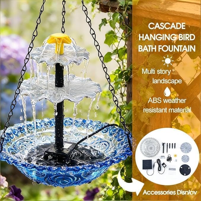 Solar Powered Hanging Bird Bath Fountain, Glass Bowl Solar Water Fountain for Outdoor Garden (Pink)