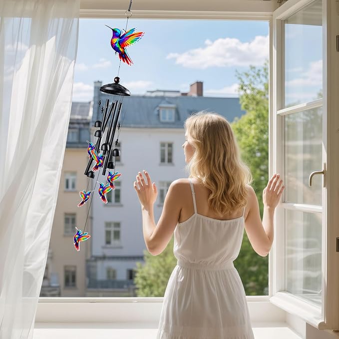 Hummingbird Wind Chimes for Outside, Black Metal Acrylic Windchimes Outdoors, Hummingbird Gifts for Women Men, Garden Yard Decor, Memorial/Birthday Gifts for Grandma Mom, Durable Chimes for Outdoors