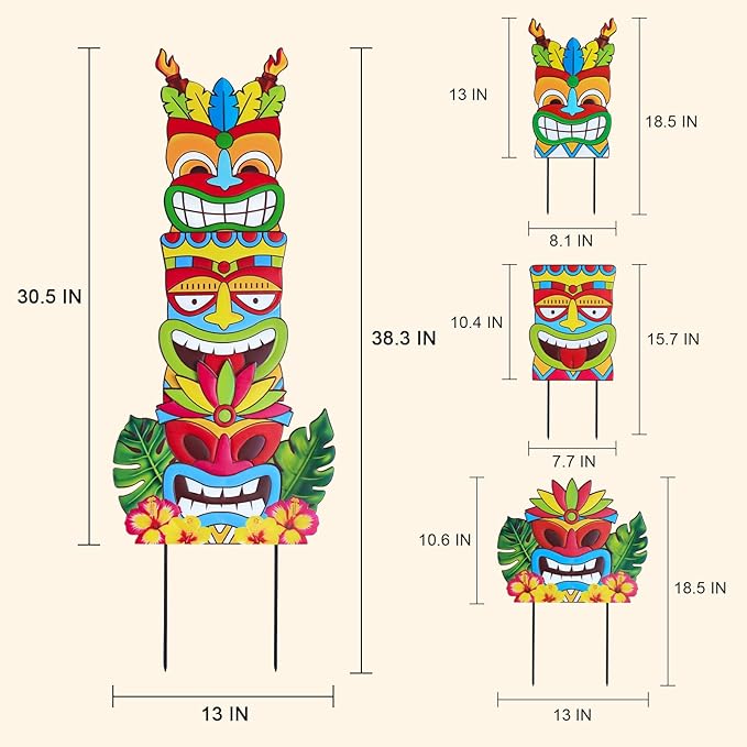 hogardeck Luau Party Decorations, Metal 3 Stacked Tiki Decorative Garden Stakes for Luau Outdoor, Hawaiian Party Decorations Tiki Yard Signs for Tropical Outdoor Garden Lawn