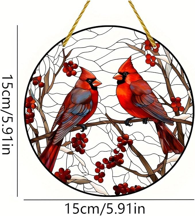 5.9'' Acrylic Window Hanging Cardinal Suncatcher Decor, Red Bird Suncatcher Panel Outdoor Wall Art Stained Panel Hangings Gift for Home Garden Ornament for Birds Lover