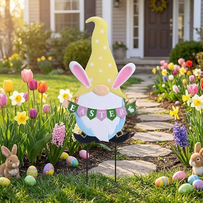 TERESA'S COLLECTIONS Easter Decorations Outdoor for Home, Metal Easter Gnomes Decor Yard Stakes, Pink & Blue Egg Rabbit Garden Stakes Gifts, Welcome Yard Signs for Outside Lawn Porch Patio, 27"