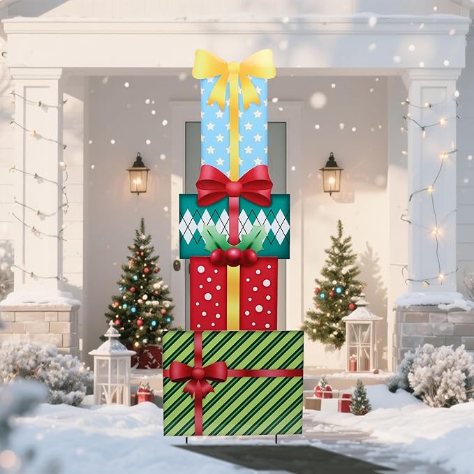 WONDER GARDEN Christmas Yard Signs, Metal Gift Boxes Yard Stakes Christmas Outdoor Decorations Freely Mix and Match for Xmas Holiday Outdoor Garden Lawn Pathway Decor