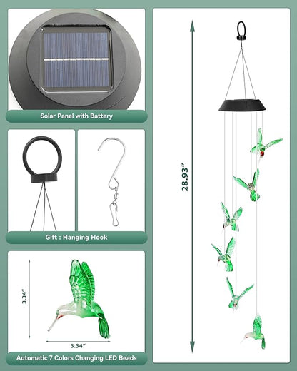 DOUBLEZHE Solar Wind Chimes for Outside, Color Changing Hummingbird Wind Chime Outdoor Clearance, Birthday Gifts for Mom Women Grandma Wife Girls, Unique Decor Colorful Patio Yard Party Decoration