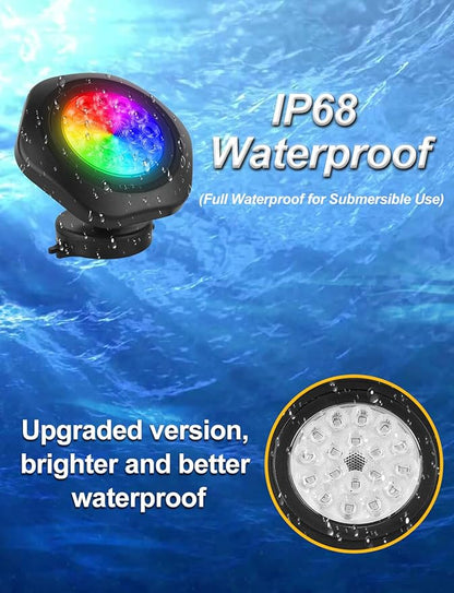 RGB Underwater Pond Lights,Super Bright 18 LED Submersible Fountain Lights, Bluetooth APP Control IP68 Waterproof Color Changing Spotlights for Fish Aquarium Tank Yard Garden Pool(Set of 12)
