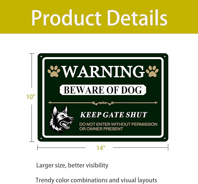 Large Beware of Dog Sign Keep Gate Shut Do Not Enter Signs, 14"x10".04"Metal Heavy Duty Wall Decor, Reflective Aluminum,UV Ink Printing,Weatherproof for Indoor/Outdoor with Easy Mount, 2 Pack