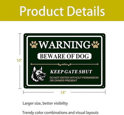 Large Beware of Dog Sign Keep Gate Shut Do Not Enter Signs, 14"x10".04"Metal Heavy Duty Wall Decor, Reflective Aluminum,UV Ink Printing,Weatherproof for Indoor/Outdoor with Easy Mount, 2 Pack