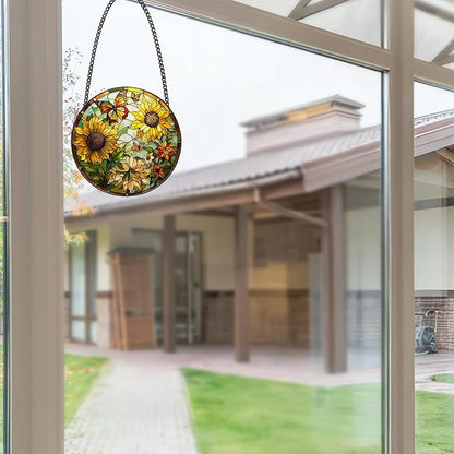 Stained Glass Window Hanging, Sunflower Sun Catchers Glass Panel Yellow Suncatcher Decor for Birthday, Women, Men, Wife, Aunt, Lovers, Home Garden 7.8 in