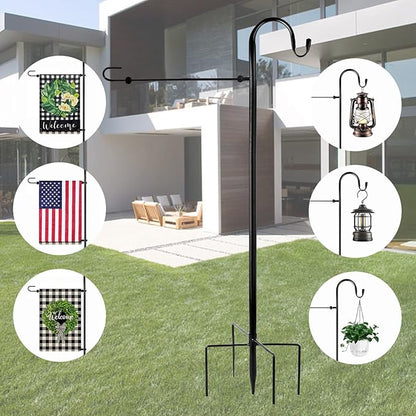 Garden Flag Holder Stand and Shepherds Hooks, 48 Inch Height with 1/2 Thick Metal Pole-Outdoor Lawn Yard Stake for Small 12x18, Solar Lights-Mini (1), Black (GFSH-X1)